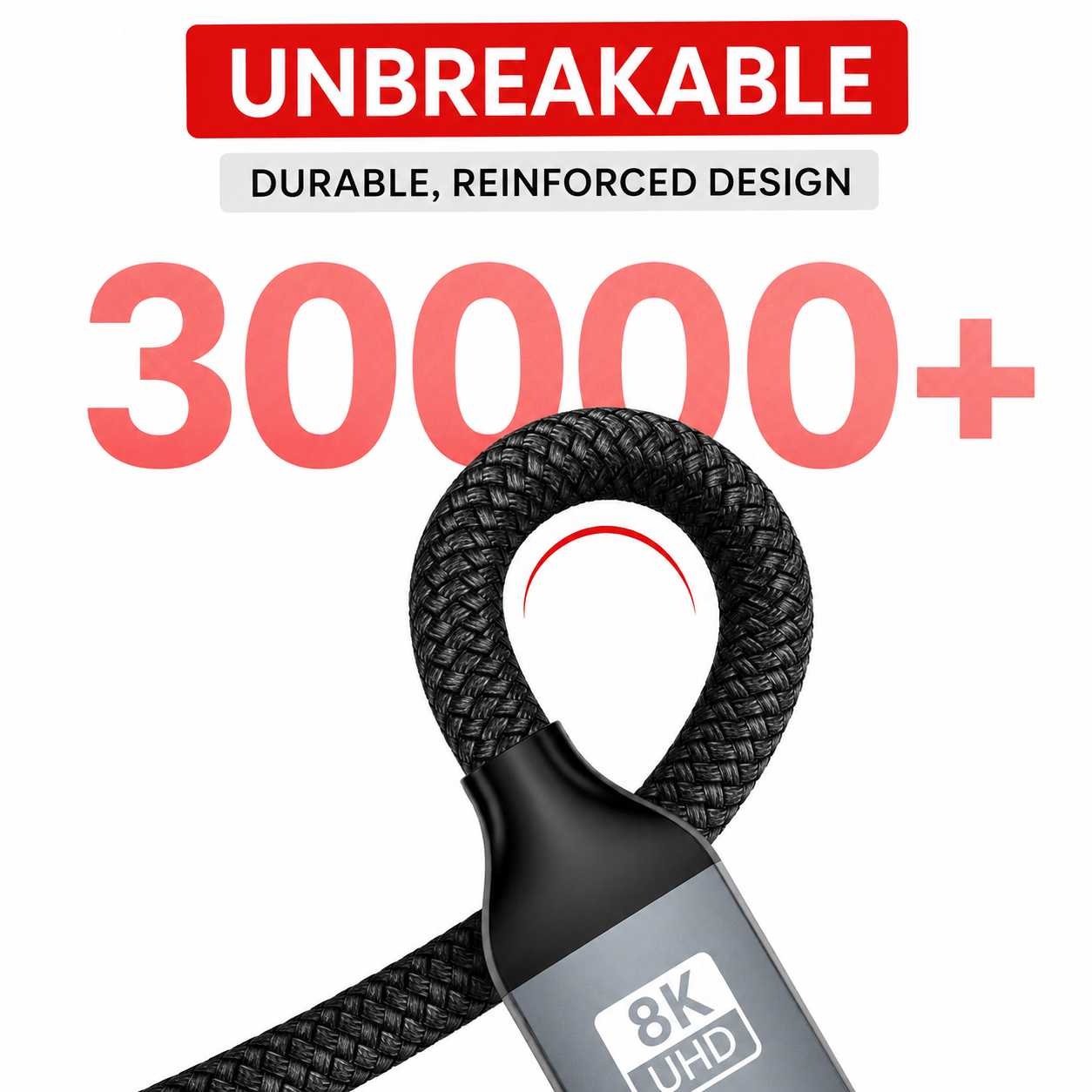 Un cable negro trenzado 8K UHD con el texto unbreakable 30000+ arriba sobre fondo blanco.