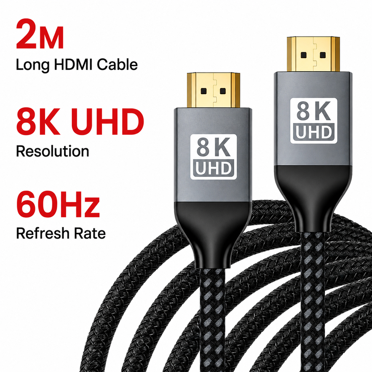 Dos cables HDMI 8K UHD con conectores dorados y cordón trenzado.