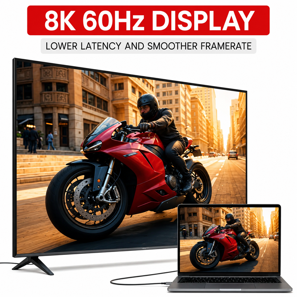 Una computadora portátil está conectada a un televisor que muestra una motocicleta en una calle.