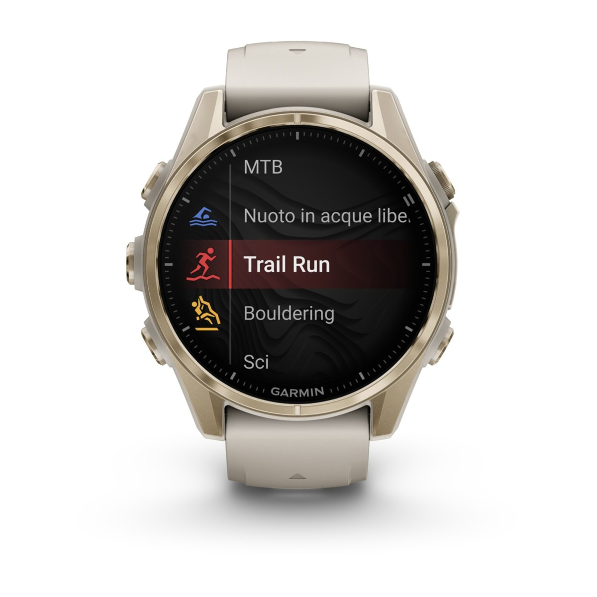 Bir Garmin spor saati ekranında Trail Run gibi çeşitli etkinlik modlarını gösterir.