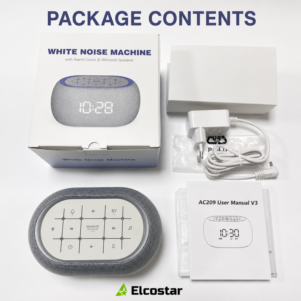 Contenu du pack de la machine à bruit blanc avec appareil, boîte, adaptateur secteur et manuel sur fond blanc.