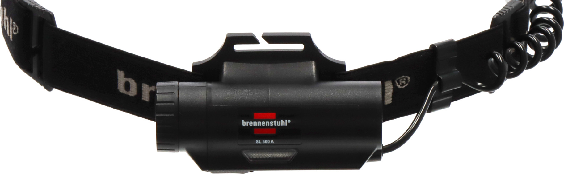 Beyaz arka planda ayarlanabilir kafa bandına sahip siyah Brennenstuhl SL 500 A LED kafa lambası.