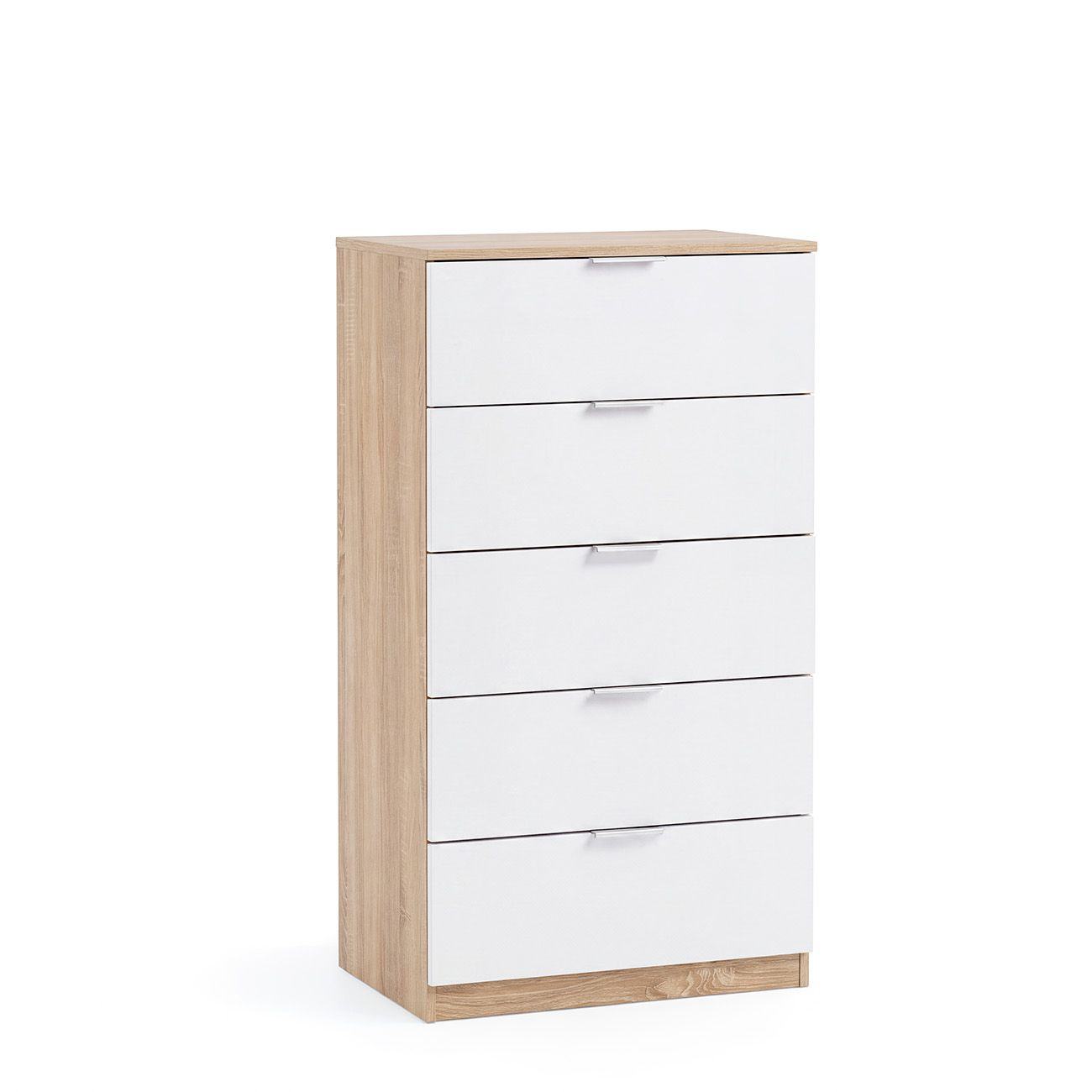 Una cómoda de madera con cinco cajones blancos y tiradores plateados sobre fondo blanco.