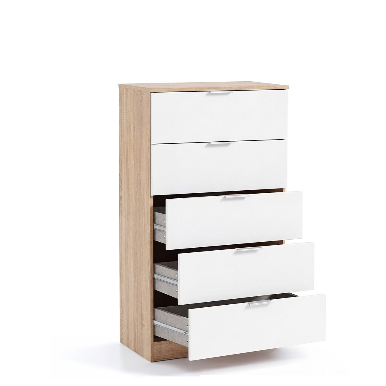 Una cómoda de madera alta con cinco cajones blancos, los tres inferiores ligeramente abiertos.