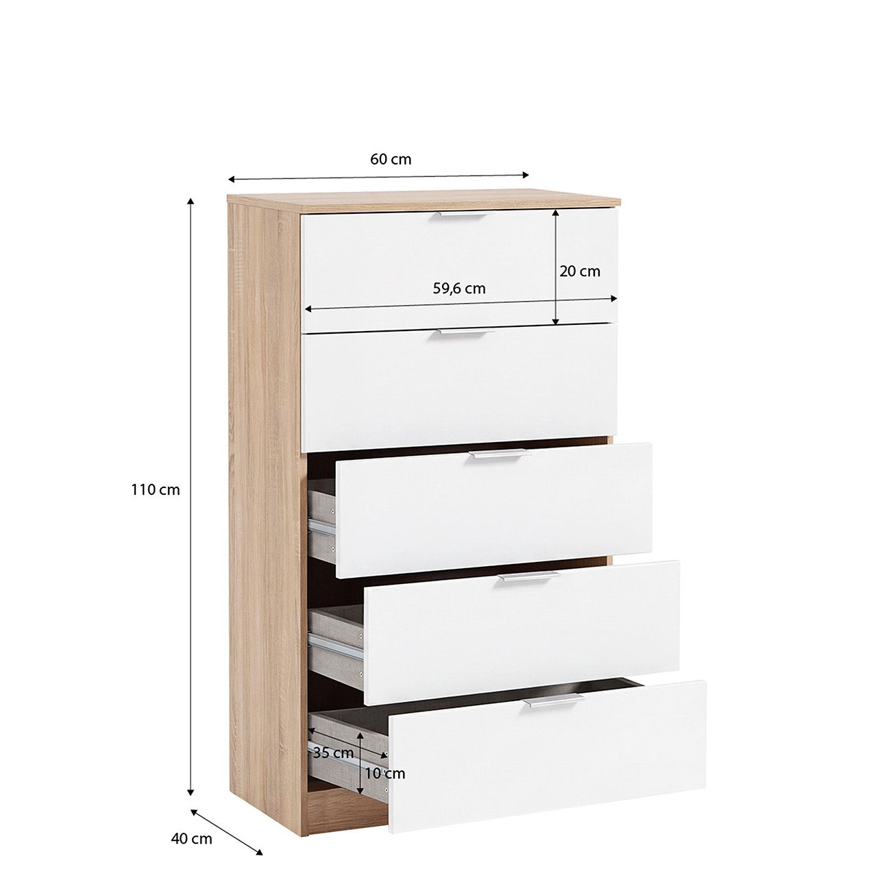 Cómoda de color madera con cinco cajones blancos y dimensiones.
