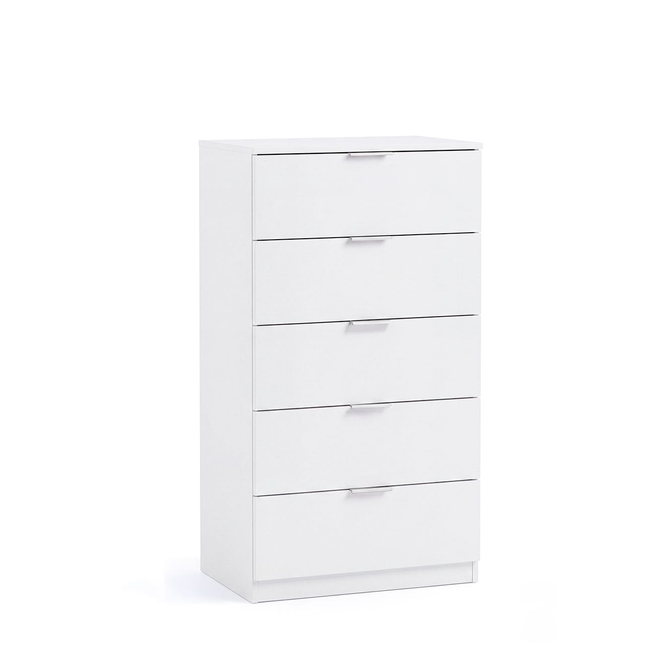 Una cómoda blanca con cinco cajones y pequeños tiradores plateados sobre fondo blanco.