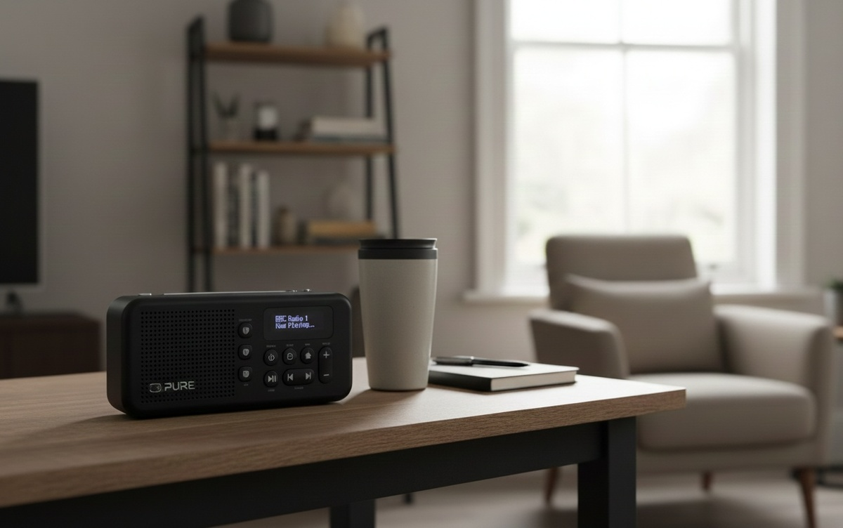 Ein schwarzes Pure-Radio, ein Becher und ein Notizbuch stehen auf einem Holztisch in einem hellen Wohnzimmer.