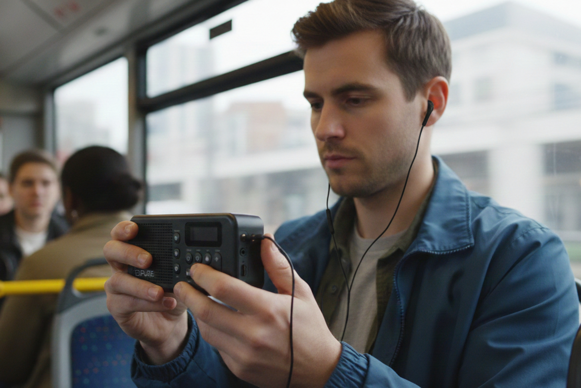 Ein junger Mann mit blauer Jacke sitzt in einem Bus und bedient ein kleines Radio mit Kopfhörern.