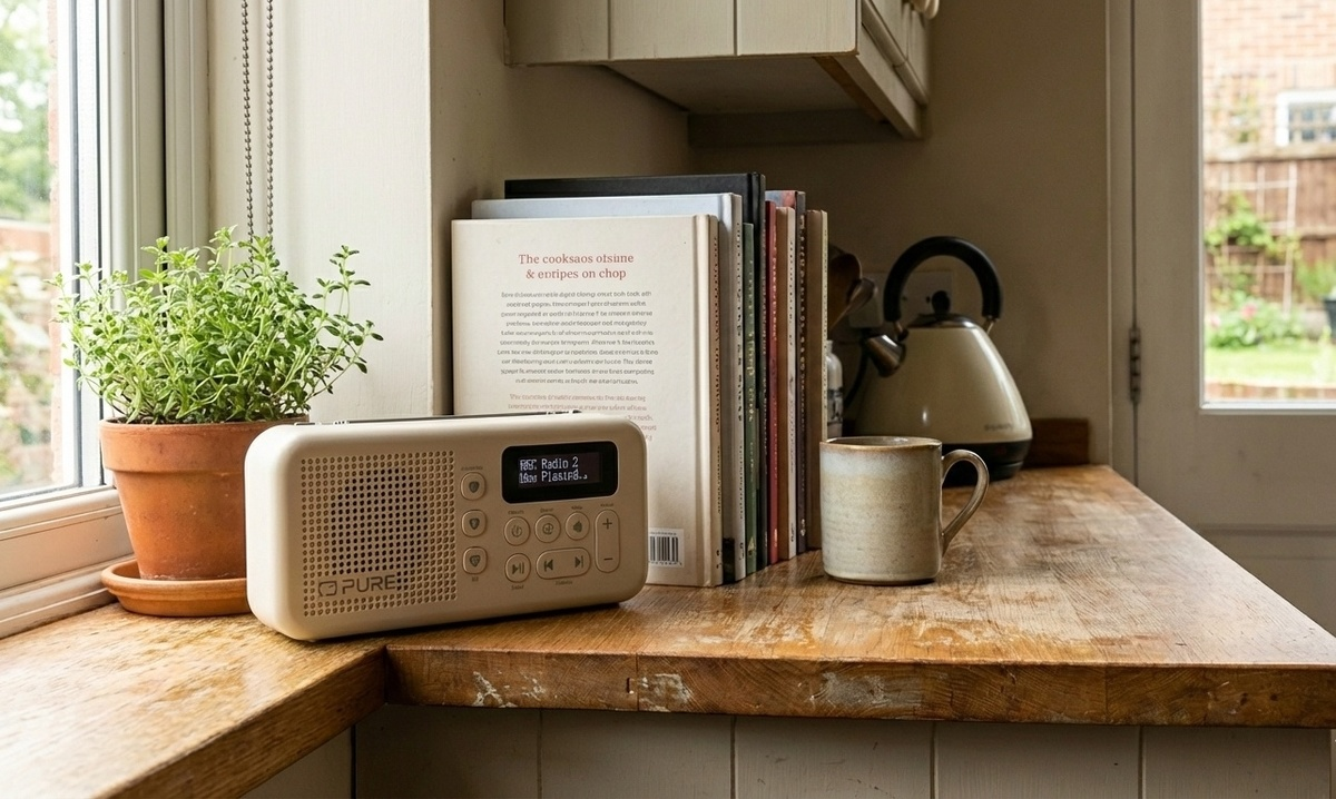 Ein cremefarbenes Radio steht auf einer Holztheke neben Topfpflanze, gestapelten Büchern, Tasse und Kessel.