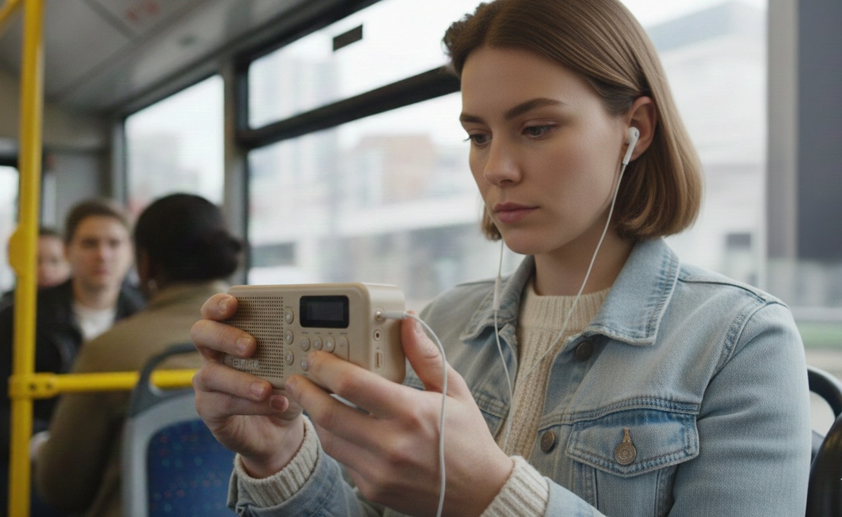Eine junge Frau in einem Bus hält ein kleines Radio und hört mit Kopfhörern zu, mit verschwommenen Passagieren im Hintergrund.