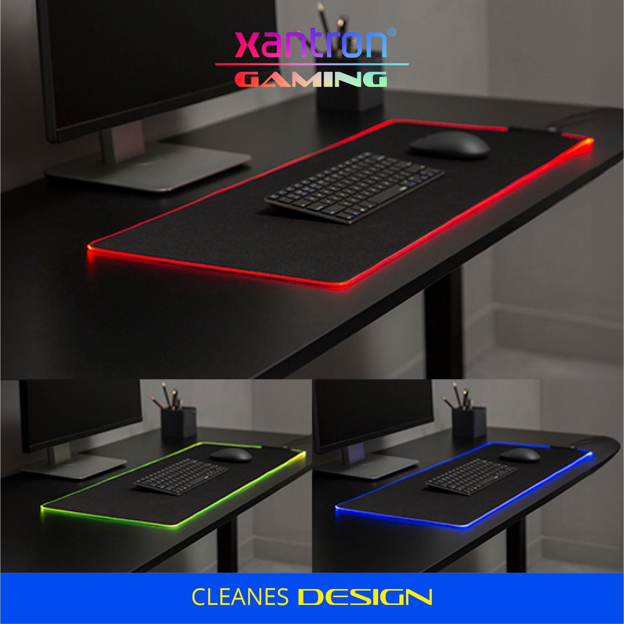 Ein schwarzer Schreibtisch mit einem großen Gaming-Mauspad, das rot, grün und blau leuchtet, sowie Monitor und Tastatur.