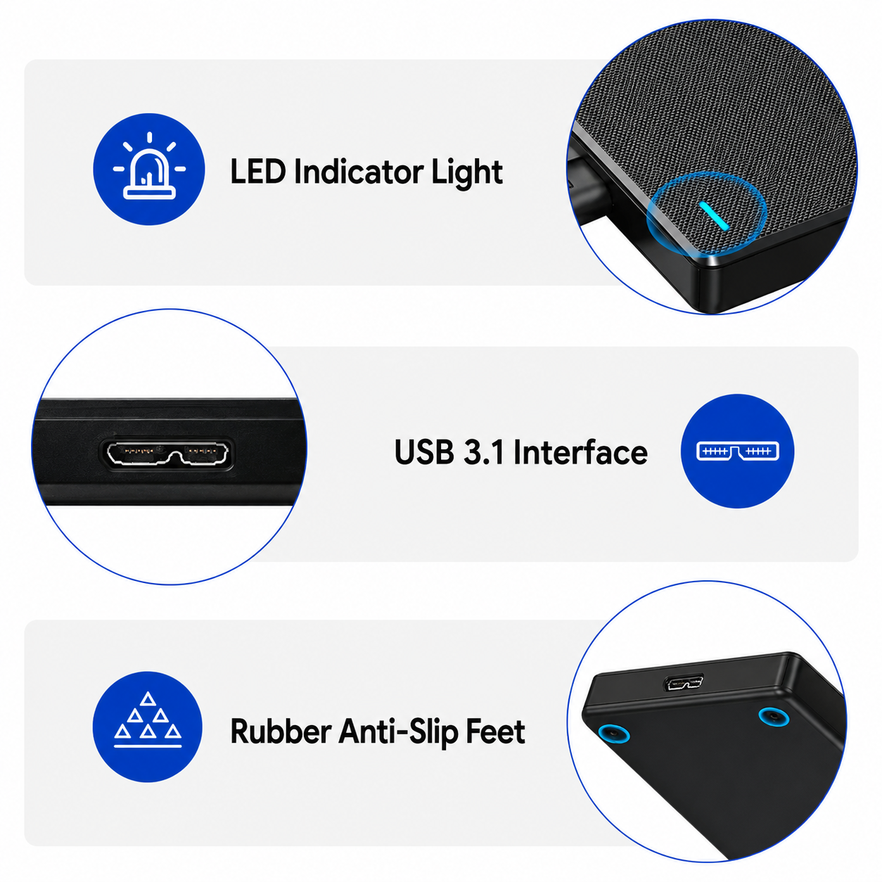 Diagram met de LED-indicator, USB 3.1-interface en rubberen voetjes van een apparaat.