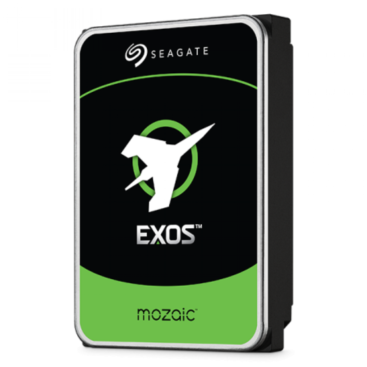 Beyaz arka planda siyah ve yeşil etiketli Seagate Exos Mozaic sabit sürücü.
