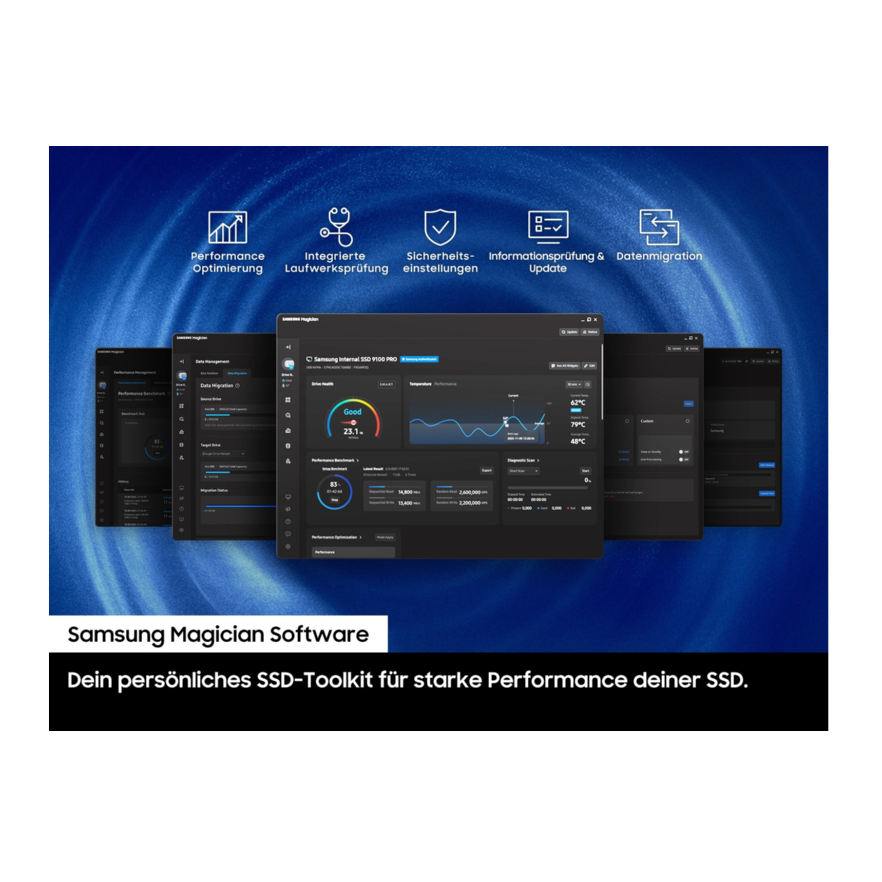 Performans optimizasyonu ve sürücü sağlığını gösteren Samsung Magician yazılım arayüzü.
