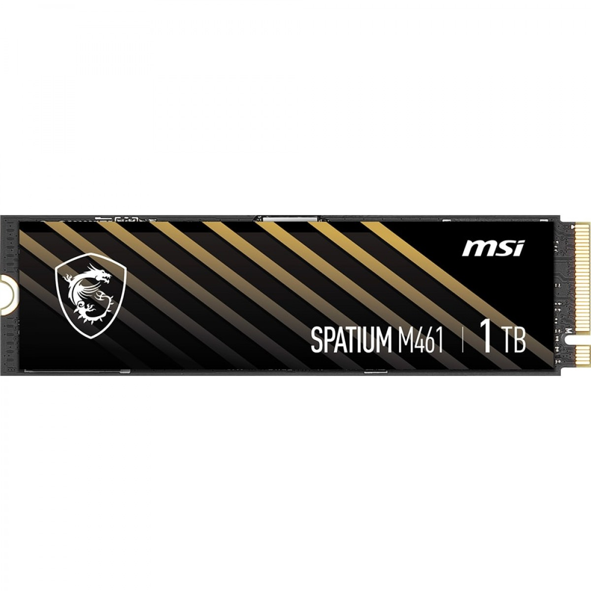 Siyah ve altın sarısı çizgili, MSI ejderha logolu ve altın pinli MSI SPATIUM M461 1TB NVMe M.2 SSD.