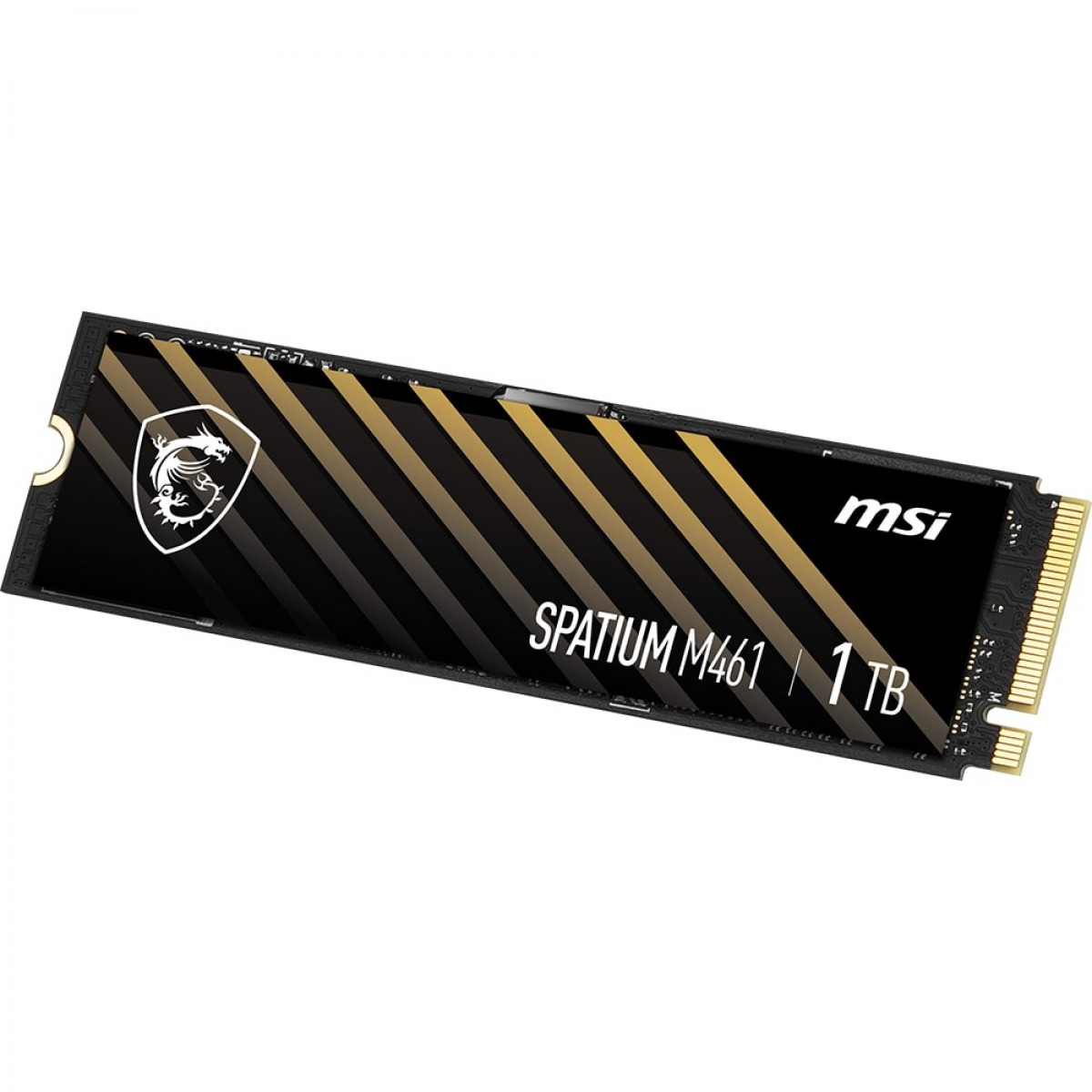 Beyaz arka planda altın şeritli siyah MSI SPATIUM M461 1TB M.2 NVMe SSD.