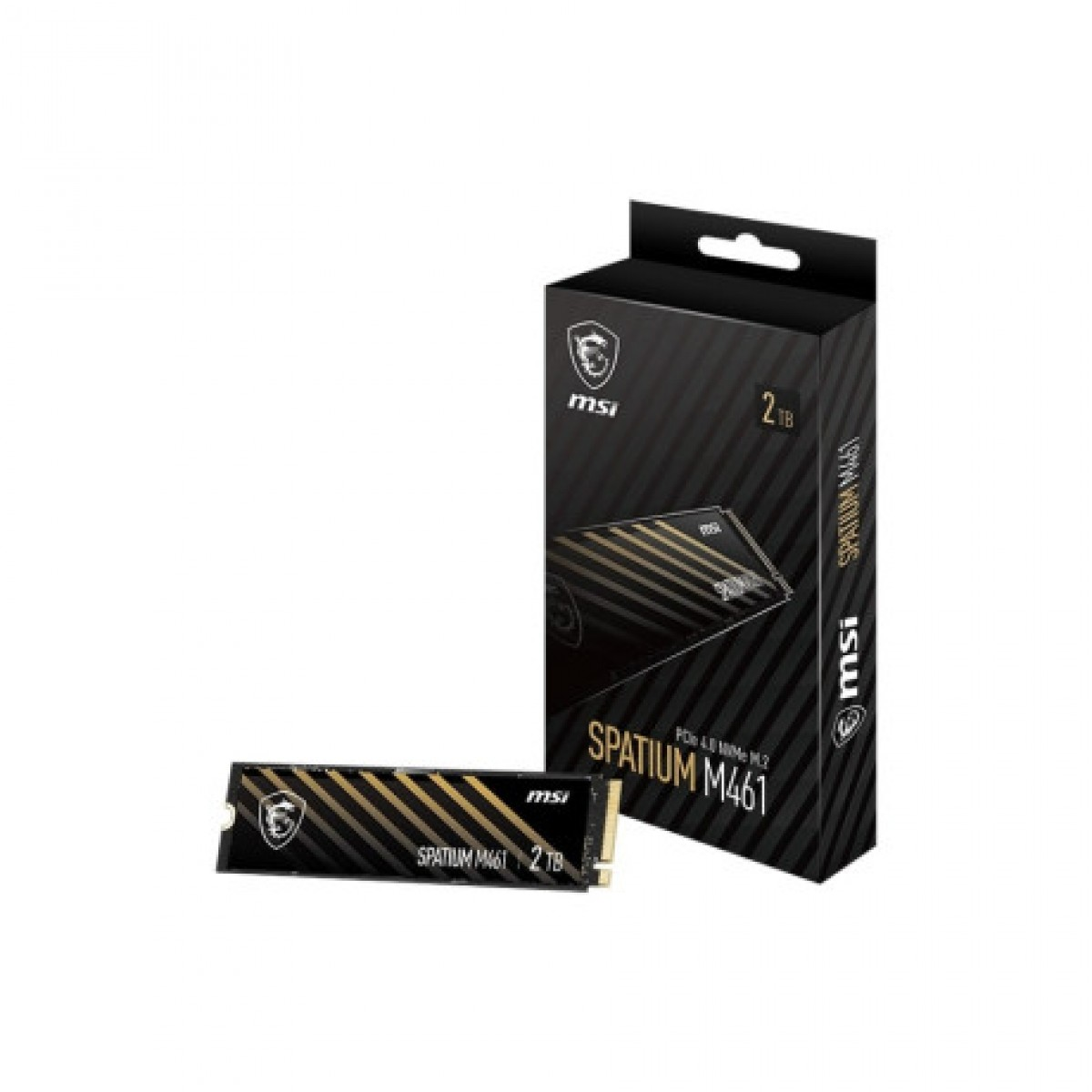 MSI Spatium M461 2TB M.2 SSD ve siyah-altın renkli ambalaj kutusu.