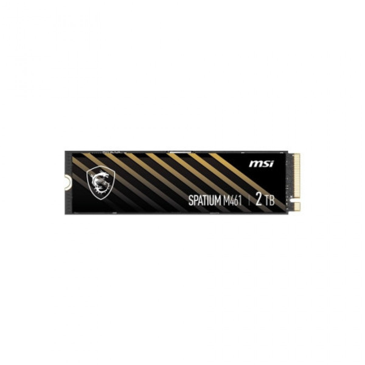 Beyaz arka planda siyah ve altın çizgili tasarıma sahip MSI SPATIUM M461 2TB NVMe M.2 SSD.