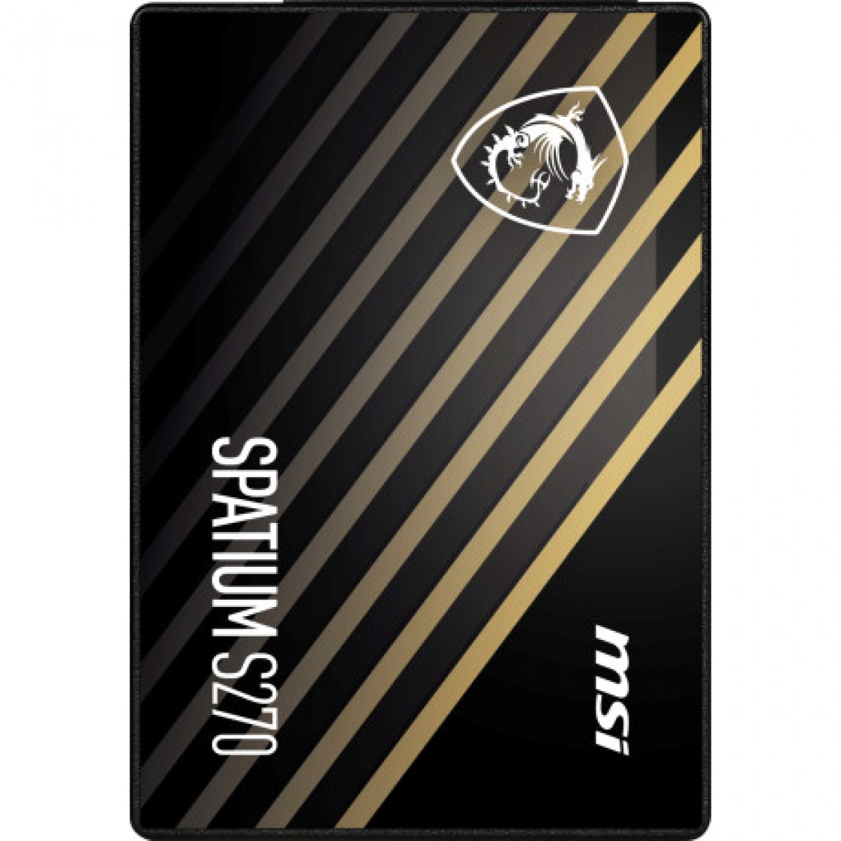 Siyah ve altın rengi çizgili tasarıma sahip MSI Spatium S270 SSD.