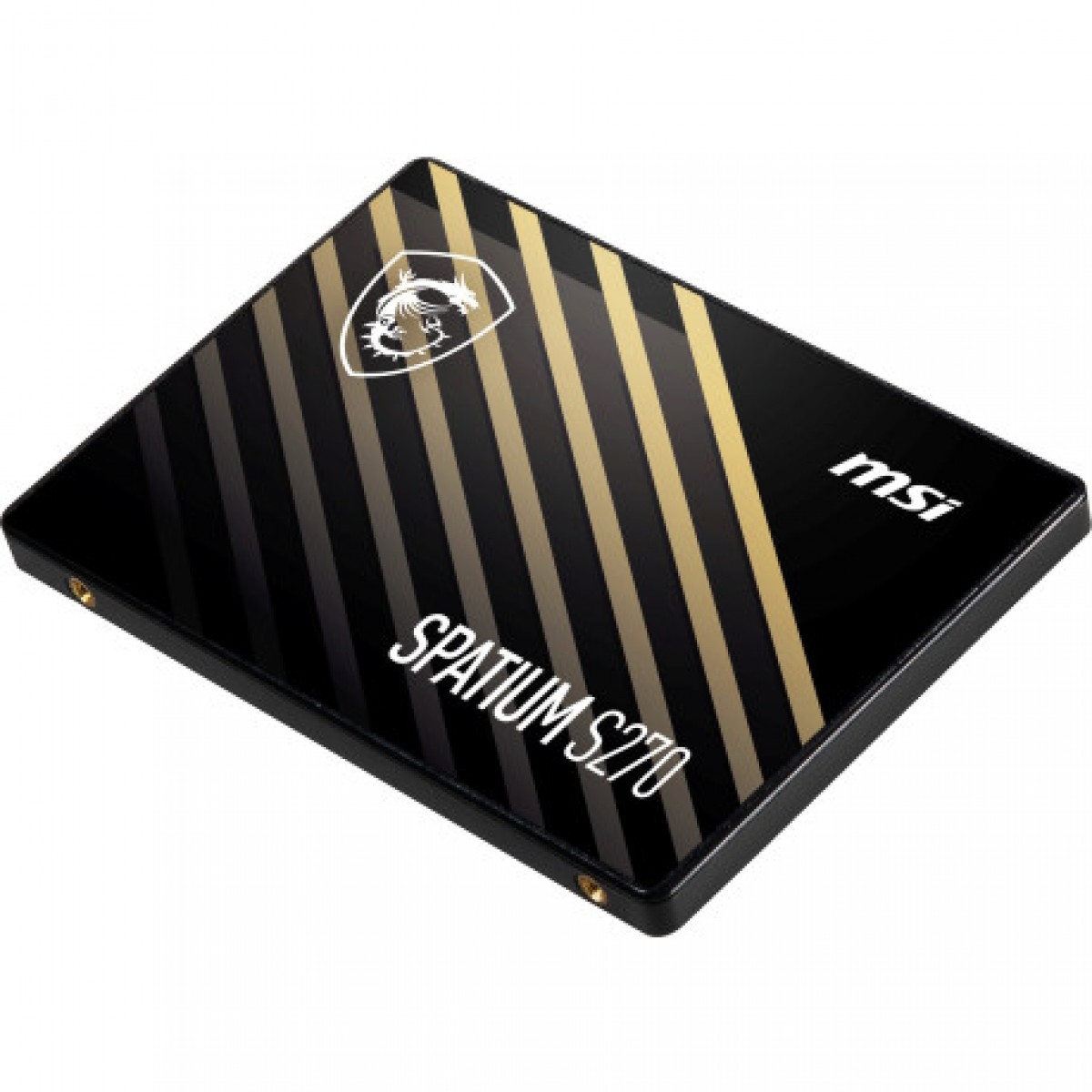 Beyaz arka plan üzerinde siyah ve altın çizgili tasarıma sahip MSI SPATIUM S270 SSD.