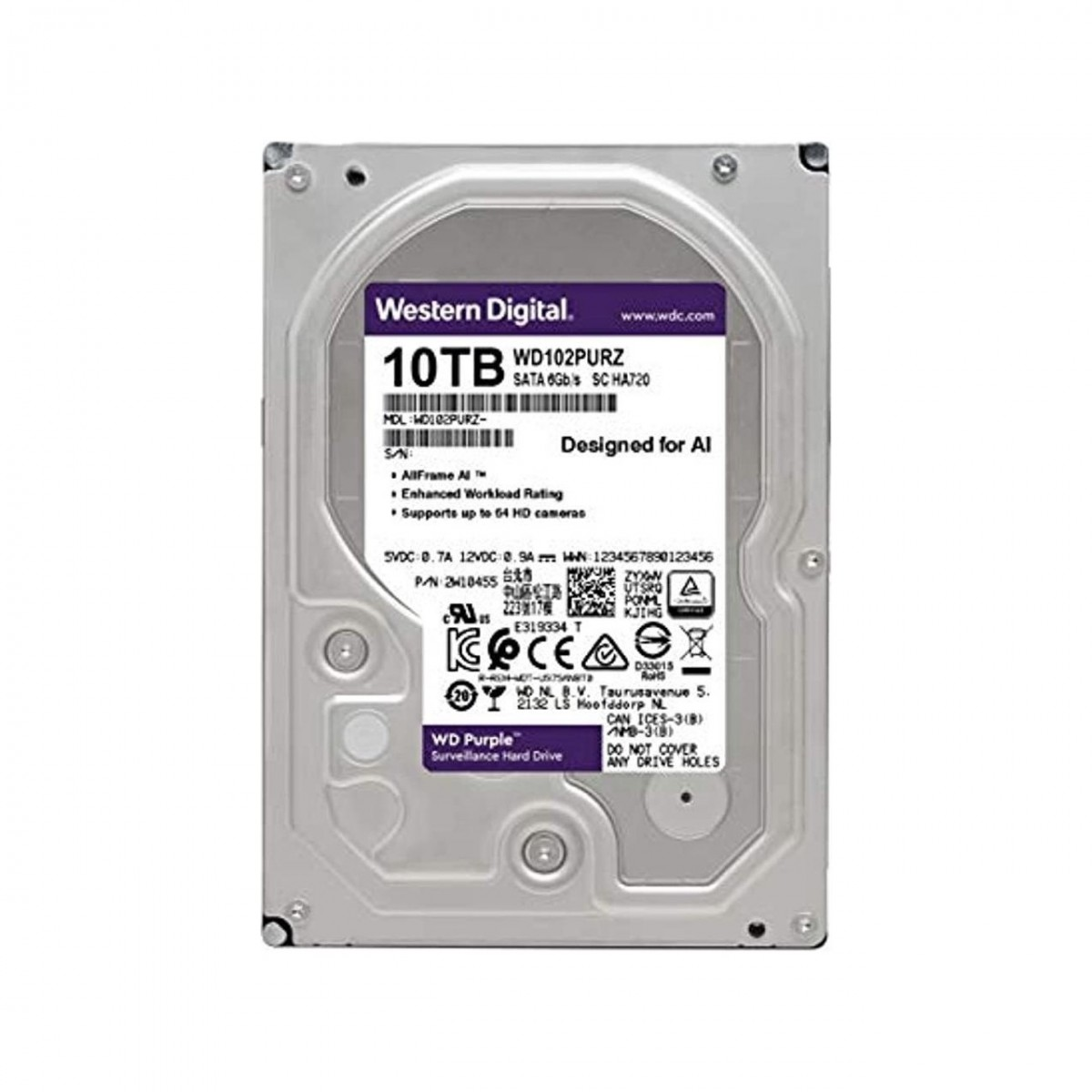 Etiketli ve teknik özelliklere sahip 10TB Western Digital Purple sabit sürücü.