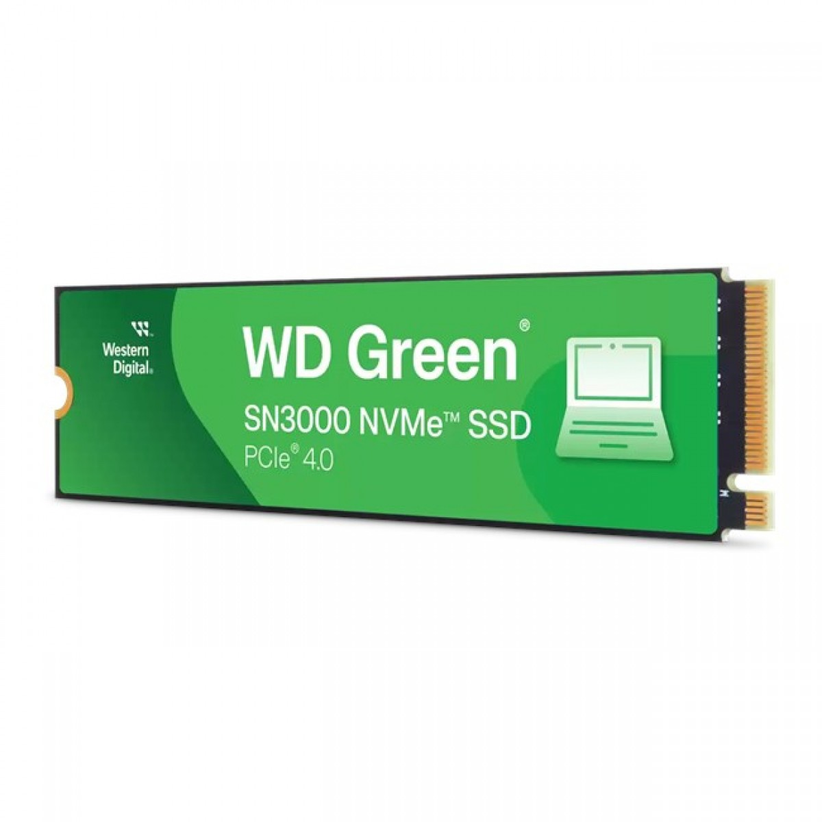 Yeşil etiketli, dizüstü bilgisayar simgeli ve altın pinli Western Digital Green SN3000 NVMe SSD.
