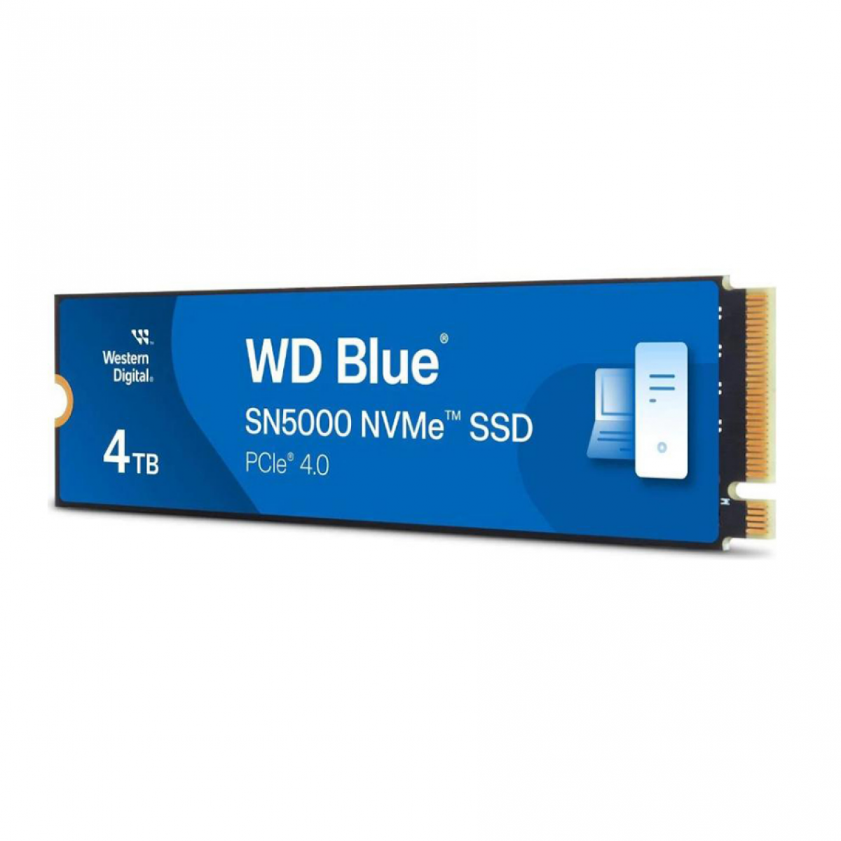 Beyaz arka planda mavi renkli Western Digital WD Blue SN5000 NVMe 4TB SSD.