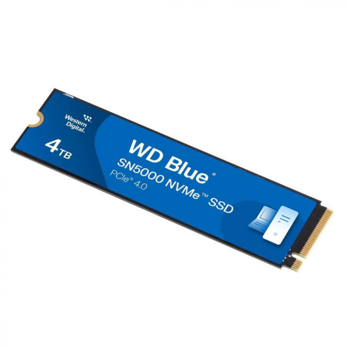 Beyaz arka planda 4TB kapasiteli mavi Western Digital WD Blue SN5000 NVMe SSD.