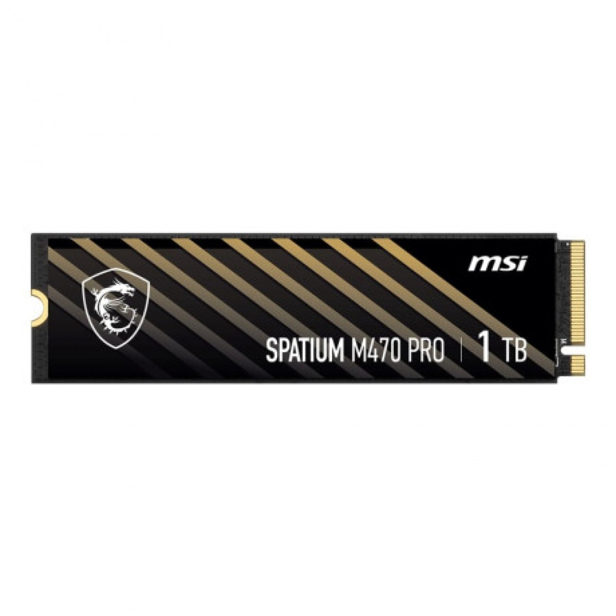Beyaz arkaplanda altın sarısı çizgili ve ejderha logolu siyah MSI SPATIUM M470 PRO 1 TB SSD.