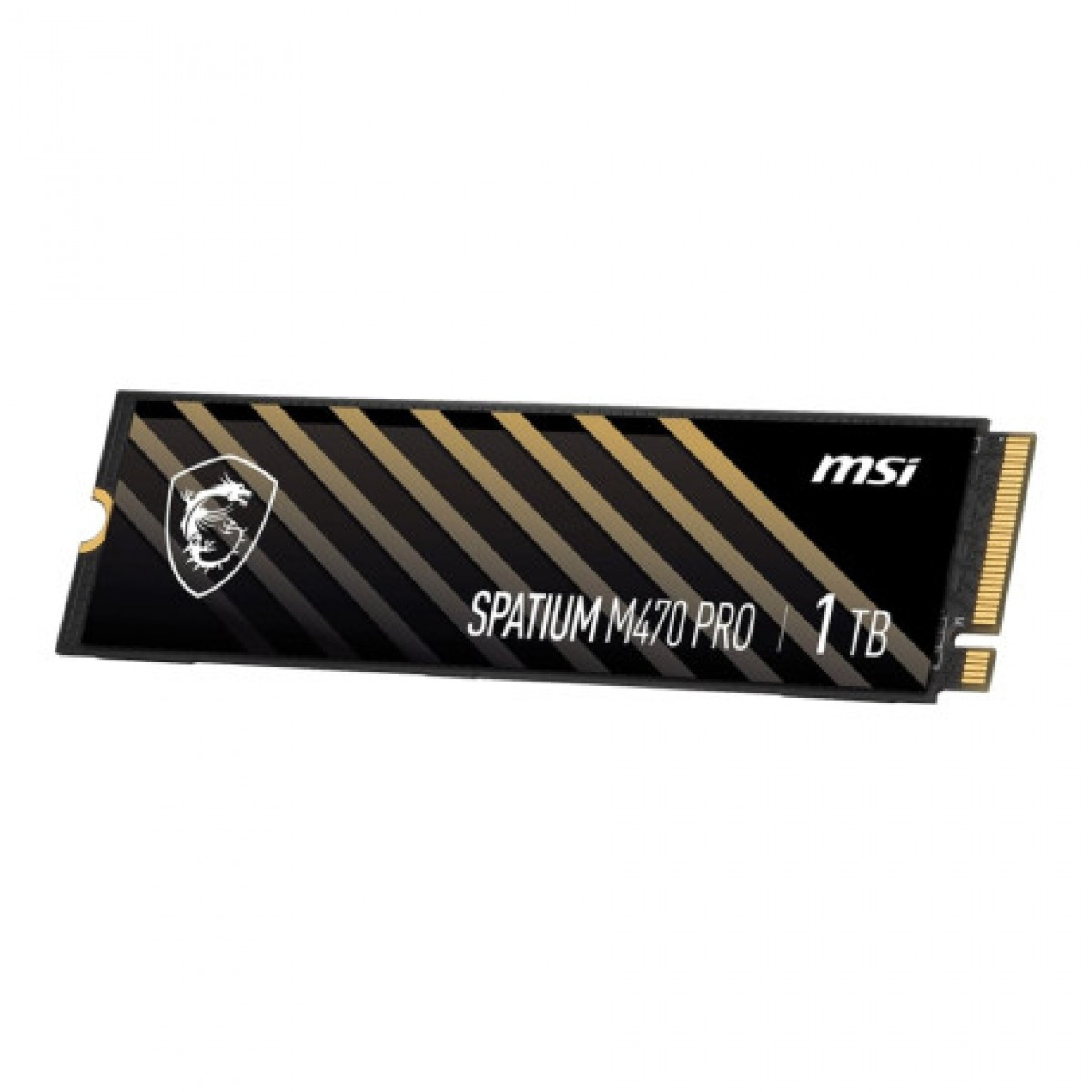 Siyah soğutuculu ve altın şeritli MSI Spatium M470 Pro 1TB M.2 NVMe SSD.