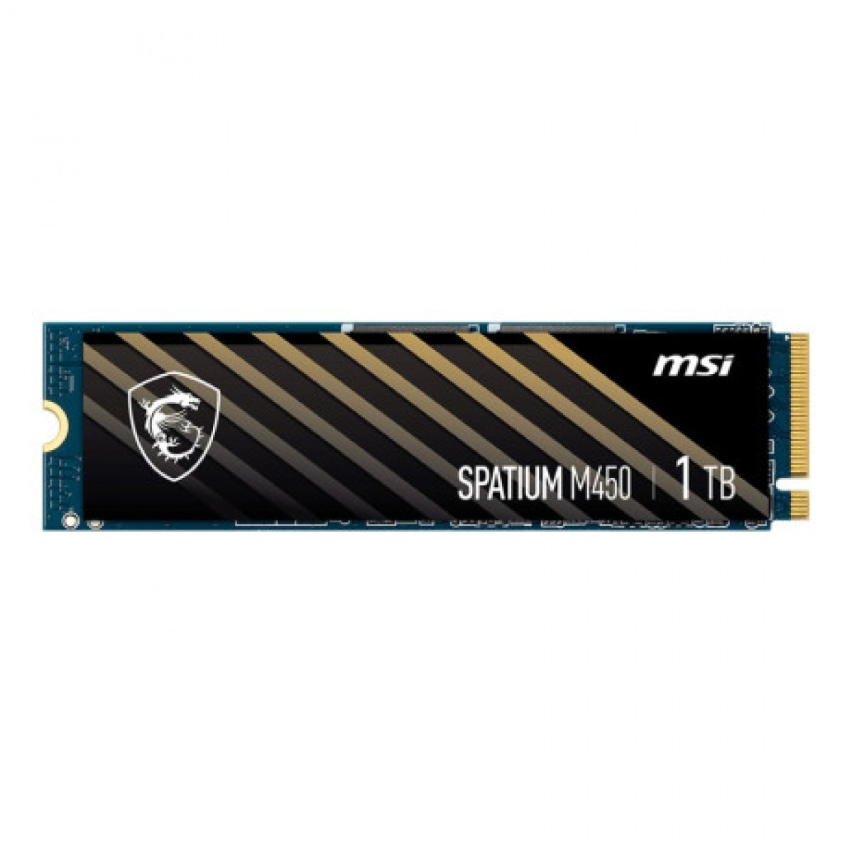 Mavi PCB üzerinde siyah ve altın şeritli soğutuculu MSI SPATIUM M450 1TB M.2 NVMe SSD.