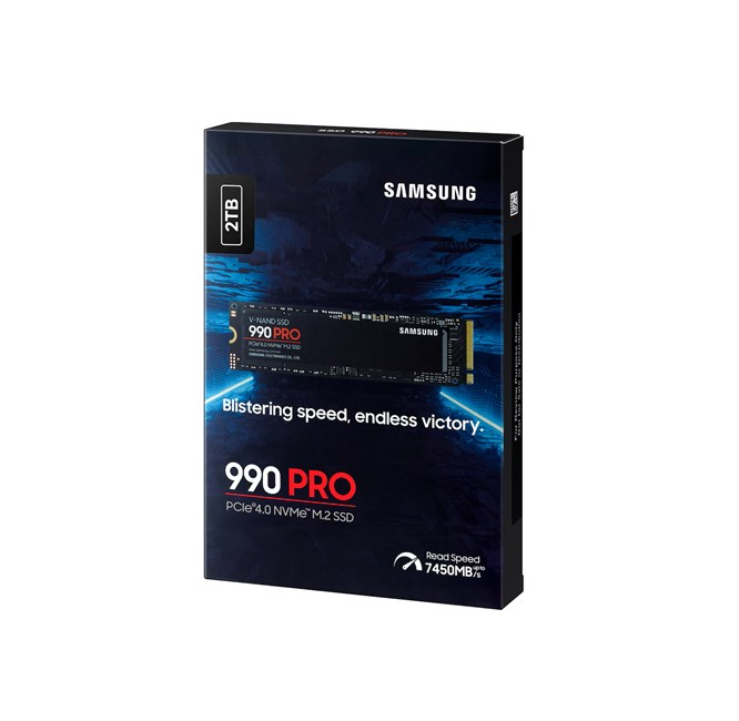 Beyaz arka planda Samsung 990 PRO 2TB NVMe M.2 SSD perakende kutusu, ürün görseli ve metni ile.