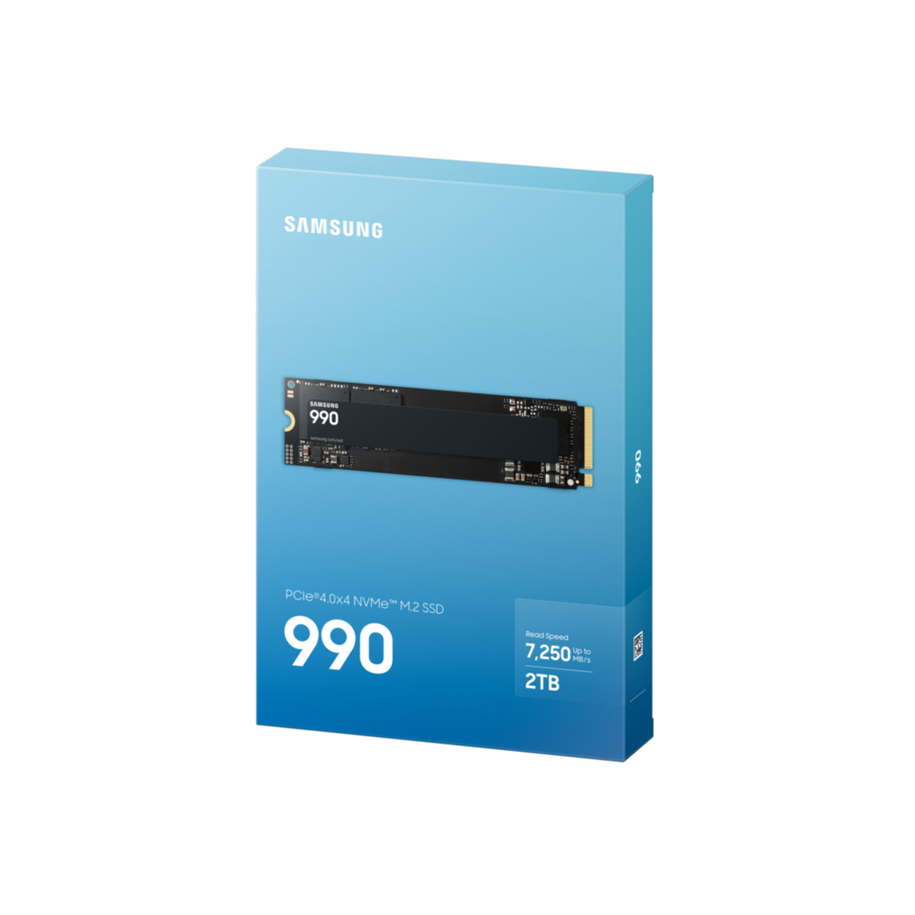 2TB kapasiteli Samsung 990 M.2 SSD için mavi ürün kutusu.