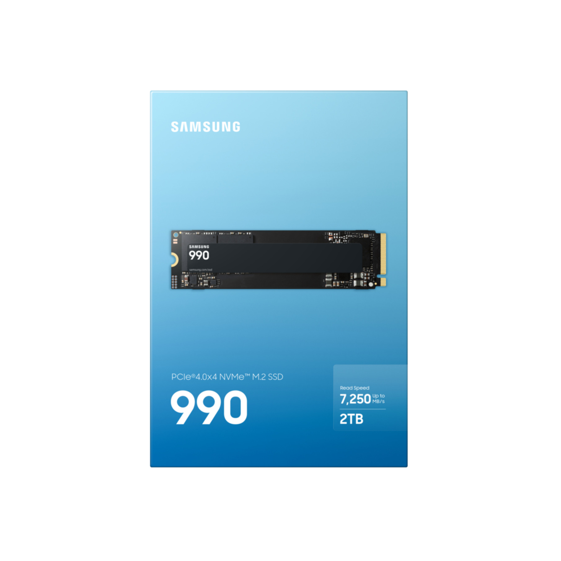 Mavi arka planda Samsung 990 PRO 2TB M.2 SSD perakende kutusu.