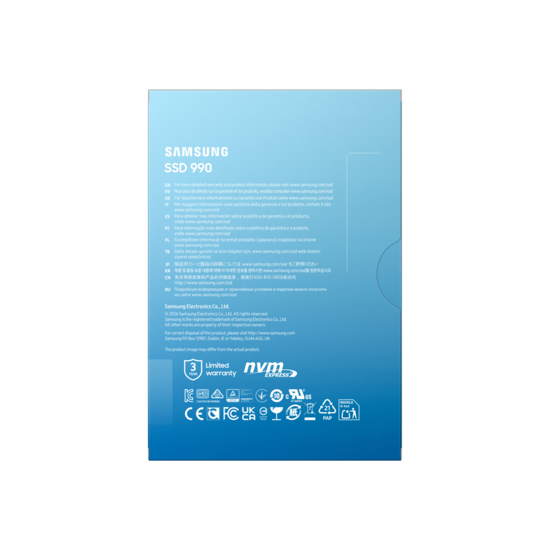 Garanti bilgileri ve logo içeren mavi bir Samsung SSD 990 kutusunun arkası.