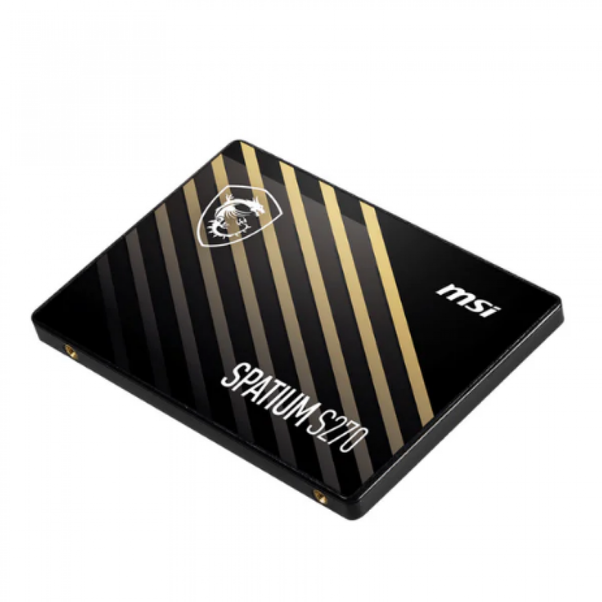 Siyah ve altın sarısı çapraz çizgili, MSI ejderha logolu ve beyaz yazılı MSI Spatium S270 2.5 inç SATA SSD.