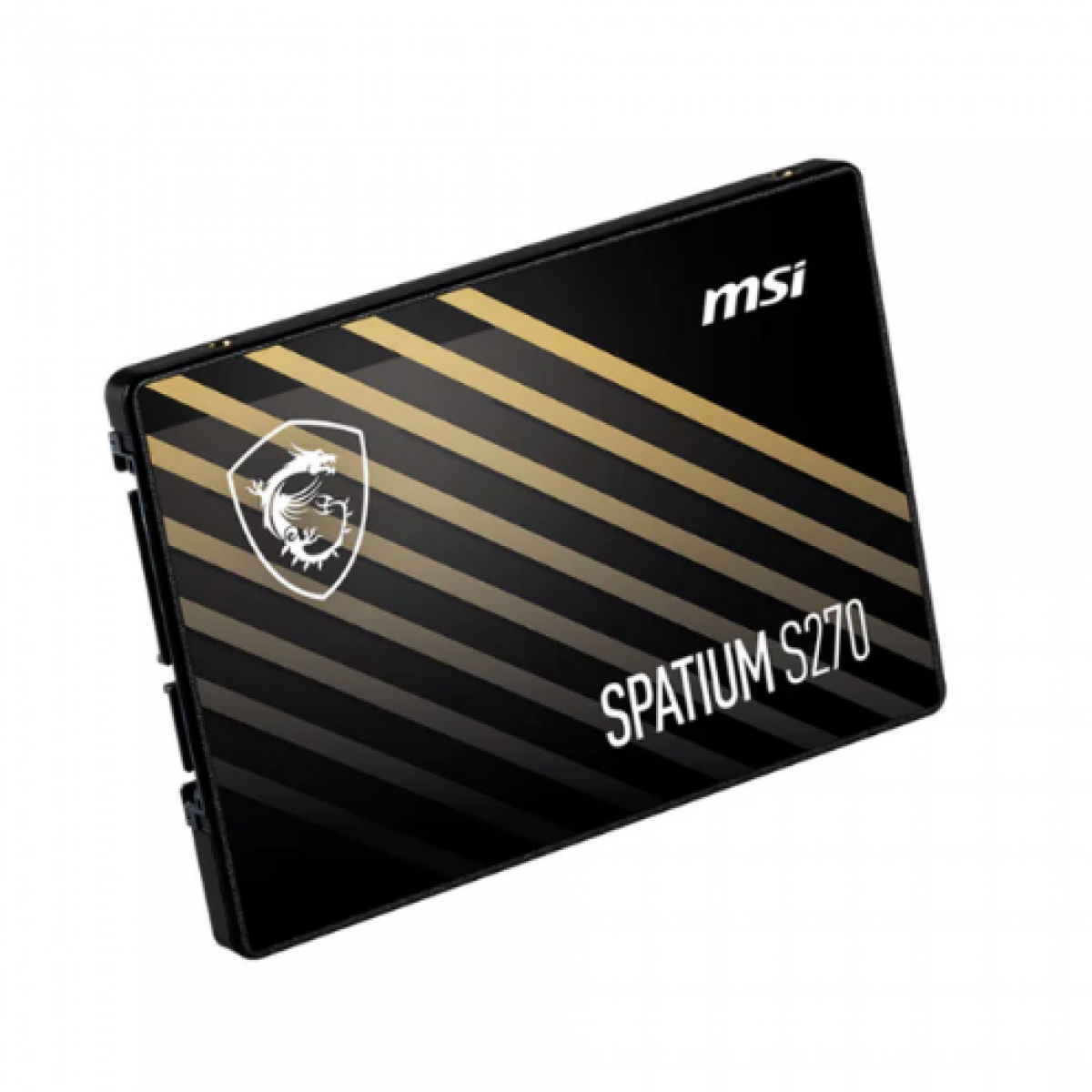 Beyaz arkaplanda altın sarısı şeritler ve ejderha logosu bulunan siyah bir MSI SPATIUM S270 SSD.