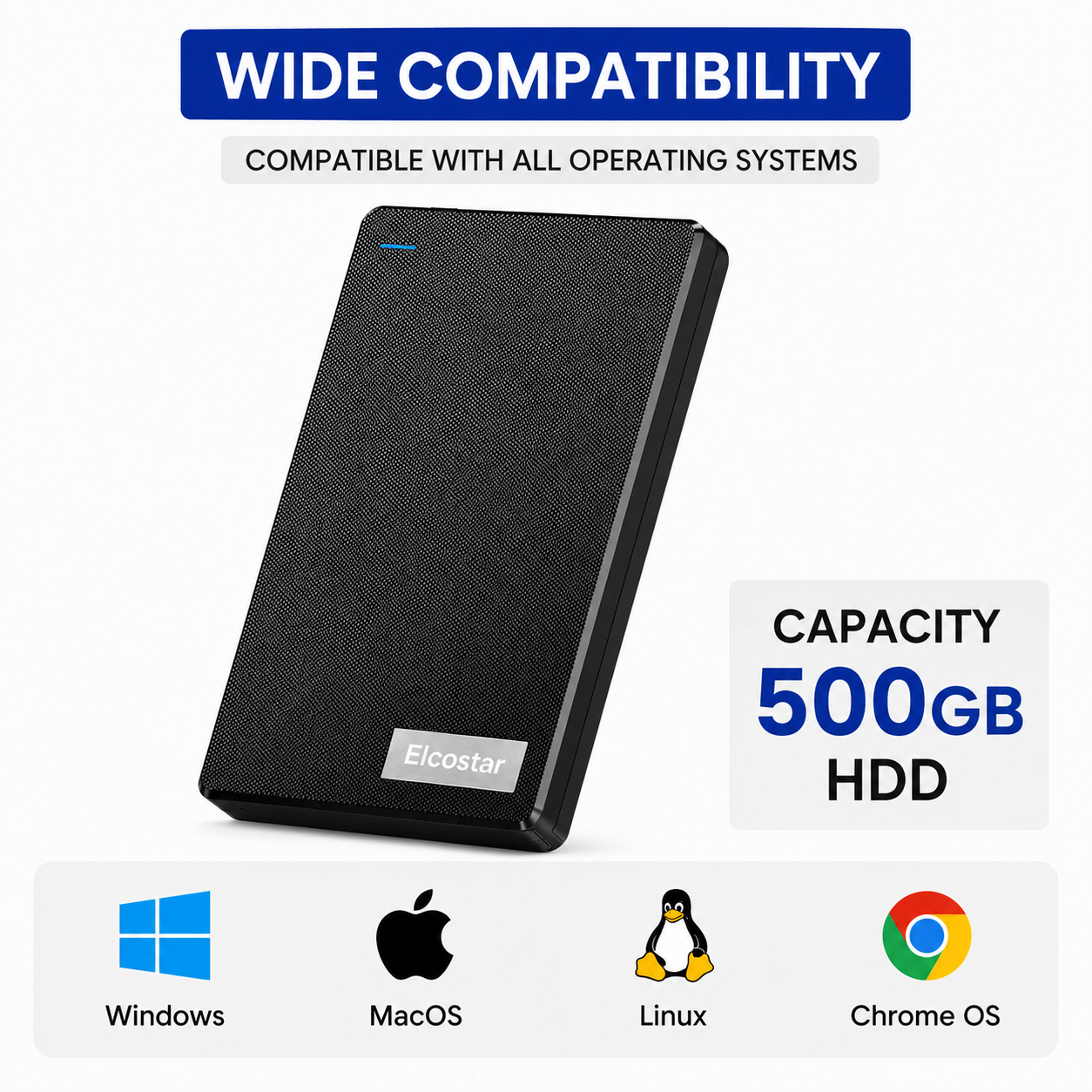 Zwarte Elcostar 500GB externe HDD met brede besturingssysteemcompatibiliteit.