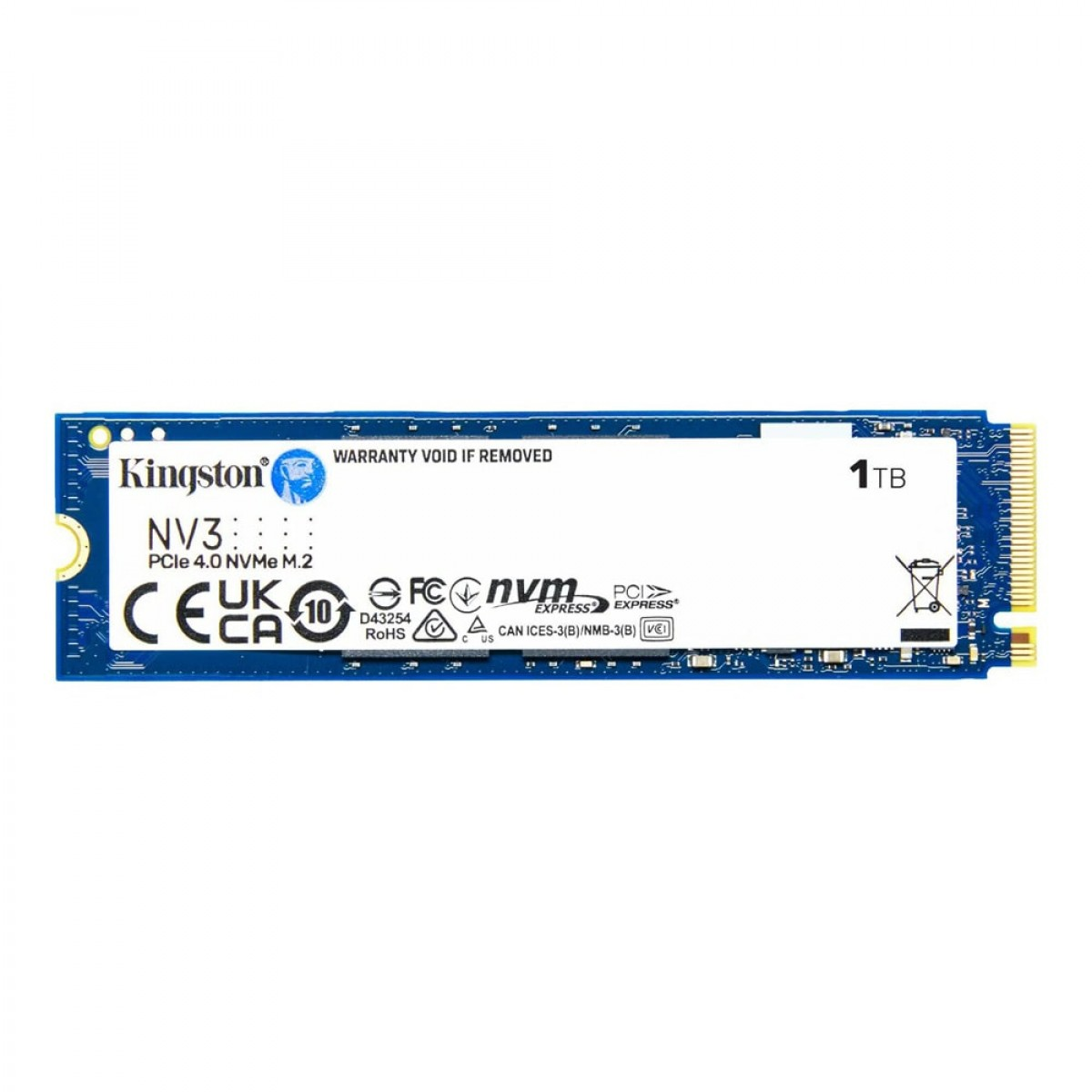 Beyaz etiketli mavi Kingston NV3 1TB M.2 NVMe PCIe 4.0 SSD.