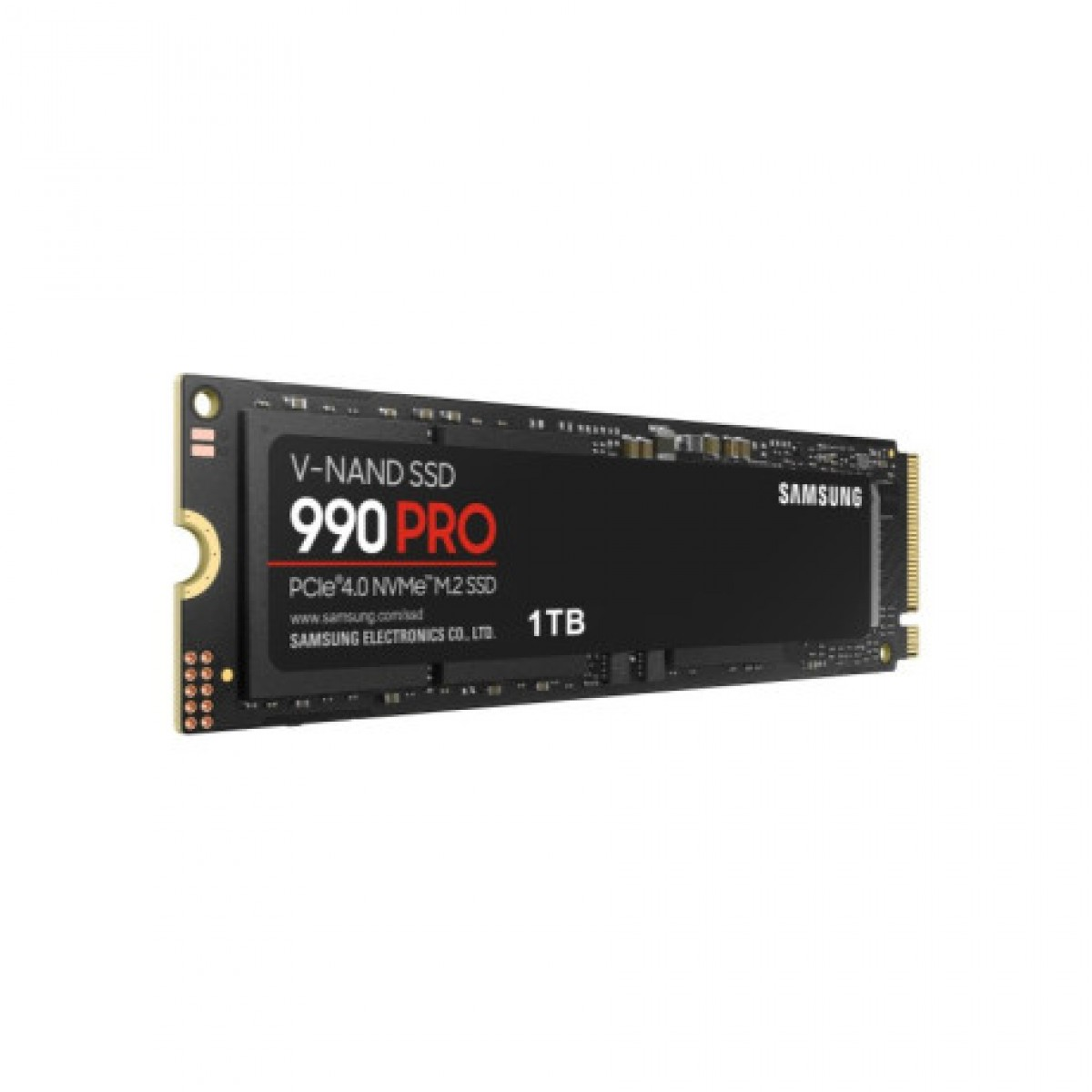 Beyaz arka planda siyah Samsung 990 PRO 1TB M.2 NVMe SSD.