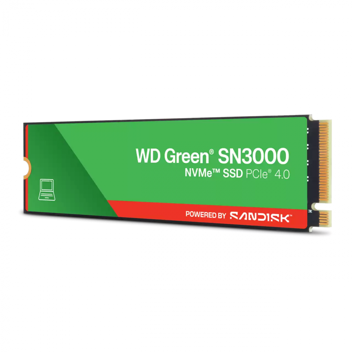 Beyaz arka planda kırmızı ve siyah detaylara sahip yeşil WD Green SN3000 NVMe SSD.