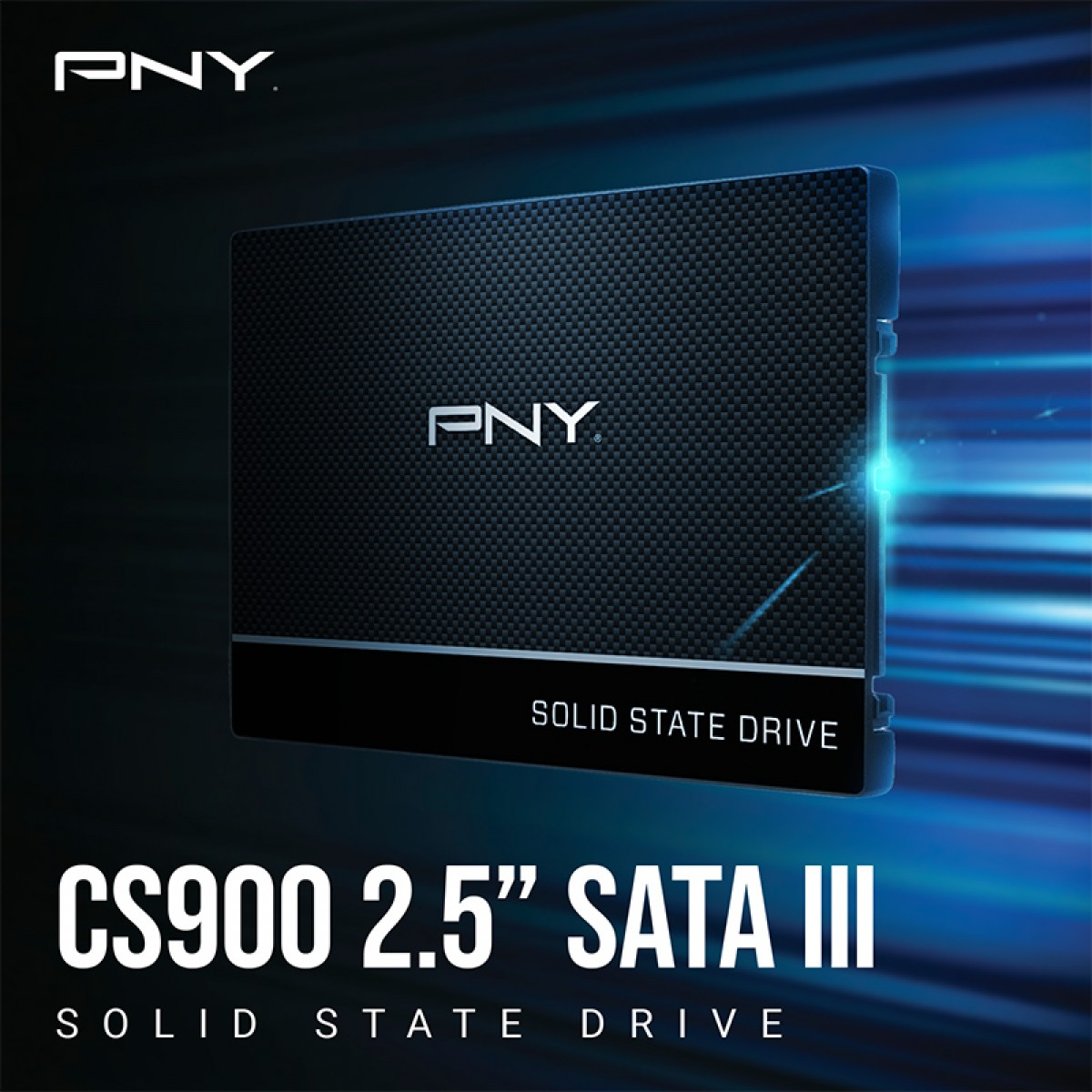 Mavi çizgili arka plan ve metin önünde PNY CS900 2,5" SATA III SSD.