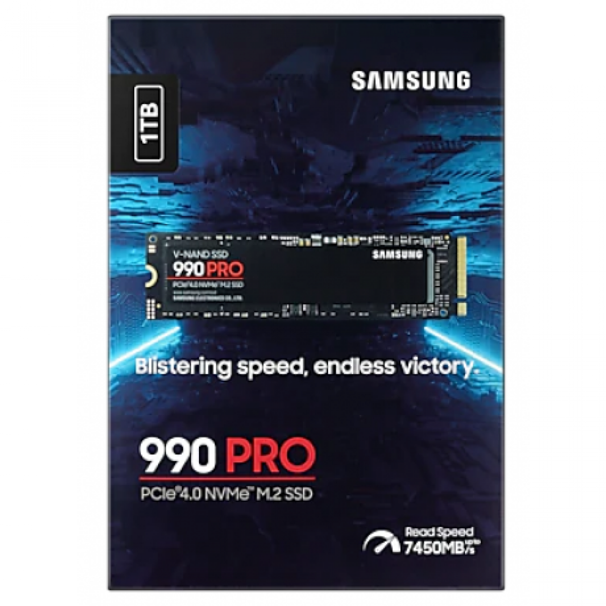 Mavi siberpunk estetiğine sahip Samsung 990 PRO M.2 SSD ürün kutusu.