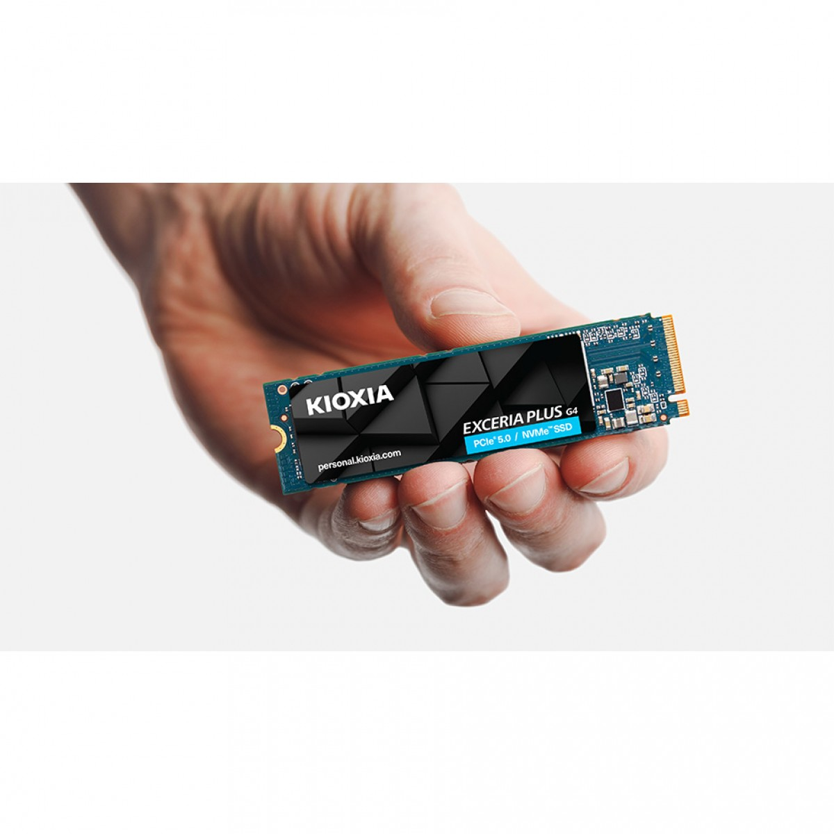 Bir el, Kioxia Exceria Plus NVMe SSD tutuyor.