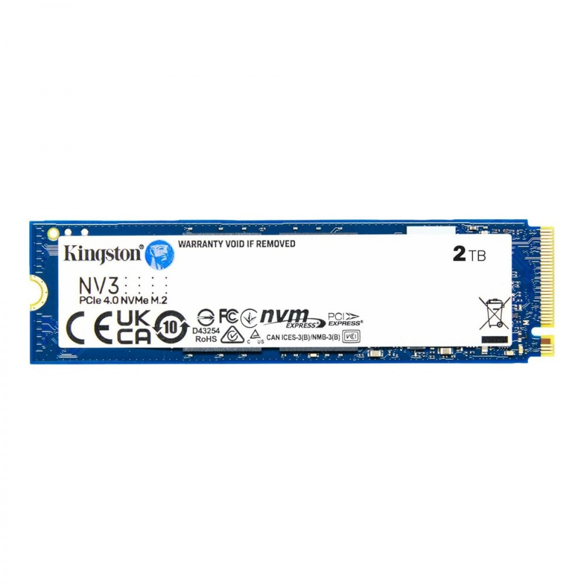 Beyaz arka planda mavi devre kartı ve beyaz etiketli Kingston NV3 2TB M.2 NVMe SSD.