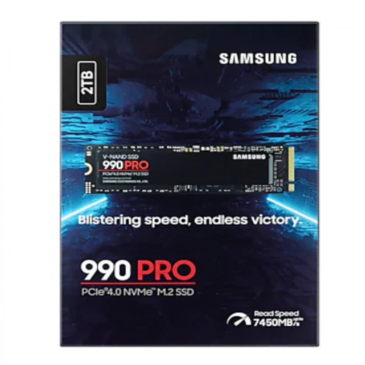 Mavi arka plan grafikleri ve ürün detaylarıyla Samsung 990 PRO NVMe M.2 SSD ürün kutusu.