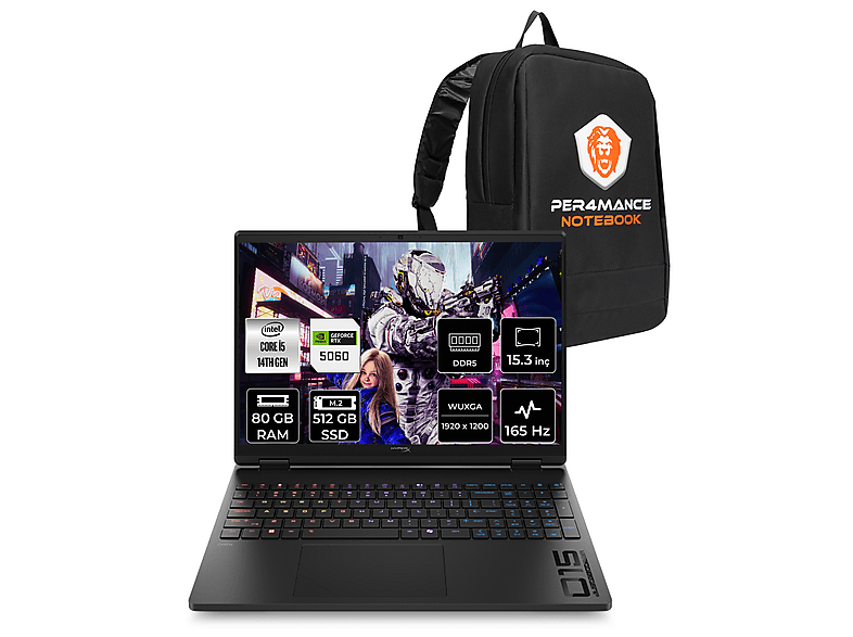 HP HyperX Omen 15 RTX5060 8GB FHD+ D2TT0EAPN336 Intel Core i5-14500HX 80 GB RAM 256 GB SSD 15,3 inç FreeDOS Laptop+Çanta Siyah