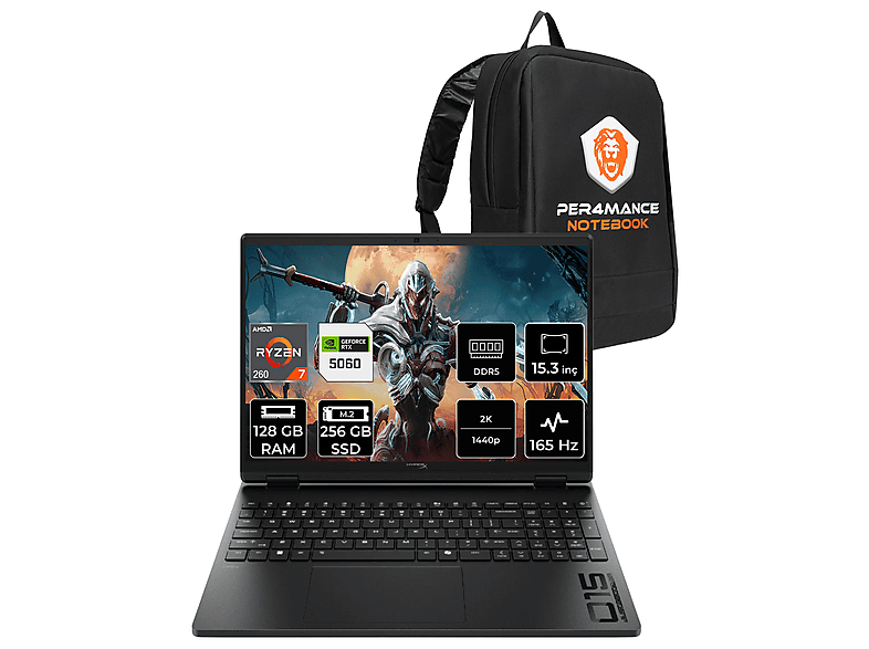 HP HyperX Omen 15 RTX5060 8GB FHD+ D2QV9EAPN346 AMD Ryzen 7 260 128 GB RAM 256 GB SSD 15,3 inç FreeDOS Laptop+Çanta Siyah