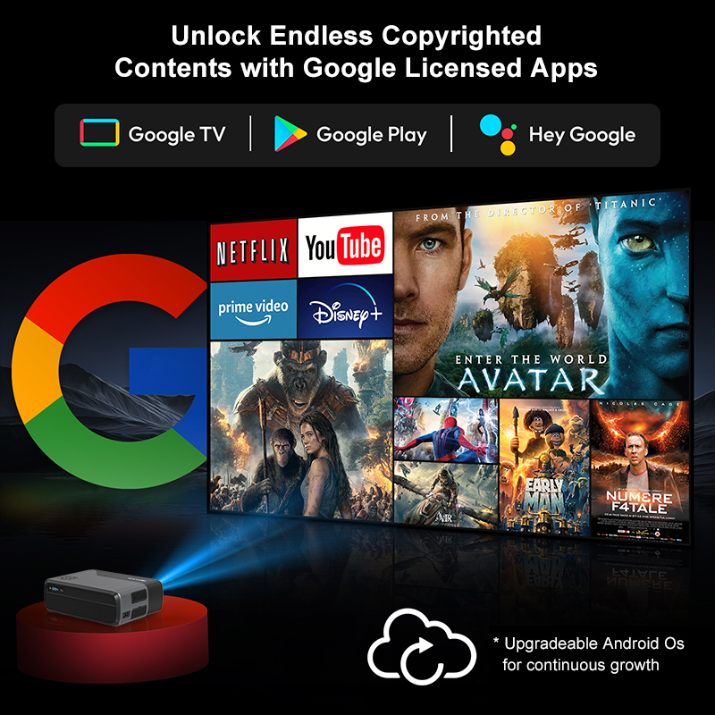 Ein Projektor projiziert Film- und App-Inhalte von Google TV mit Netflix, YouTube und Avatar.