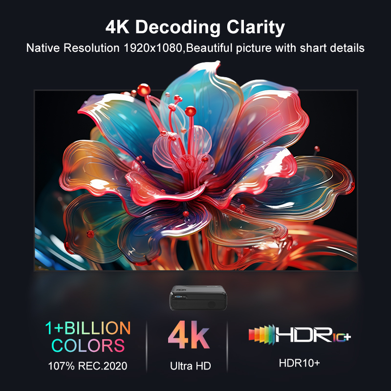 Projektor wirft ein buntes Blumenbild mit 4K-Klarheit und HDR10+ an die Wand.